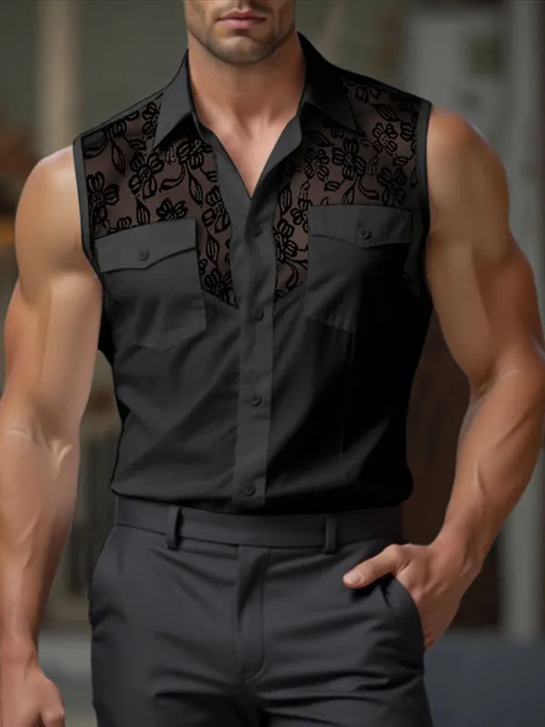 Mens Sheer Lace Panel Sleeveless Shirt SKUL17002 sold by Incerunmen