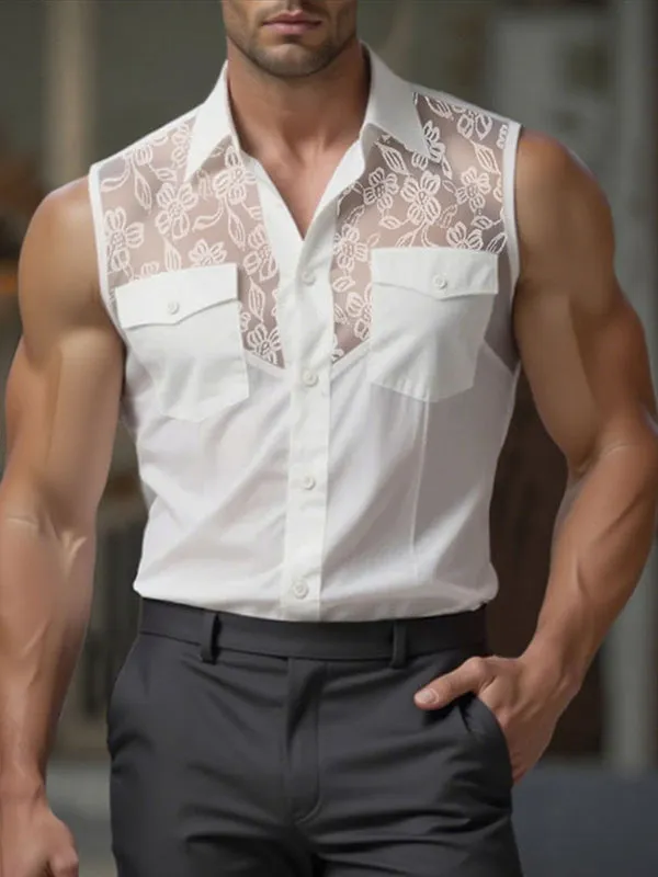 Mens Sheer Lace Panel Sleeveless Shirt SKUL17002 sold by Incerunmen product image thumbnail 2
