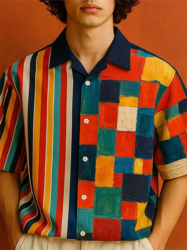 Mens Geometric Colorblock Print Short Sleeve Shirt SKUL12894 sold by Incerunmen