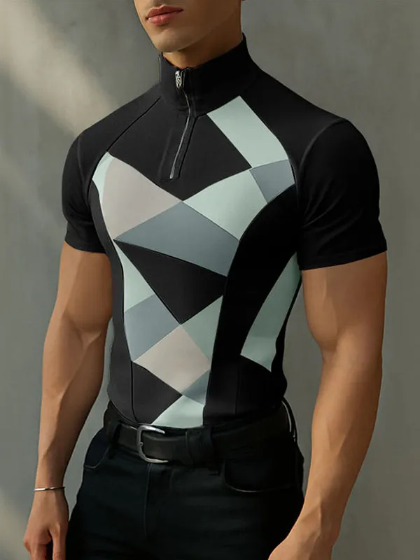 Mens Colorblock Print Zipper Short Sleeve T-Shirt SKUL15026 sold by Incerunmen