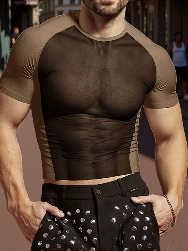 Mens Sheer Mesh Patchwork Short Sleeve T-Shirt SKUL13682 sold by Incerunmen product image thumbnail 2
