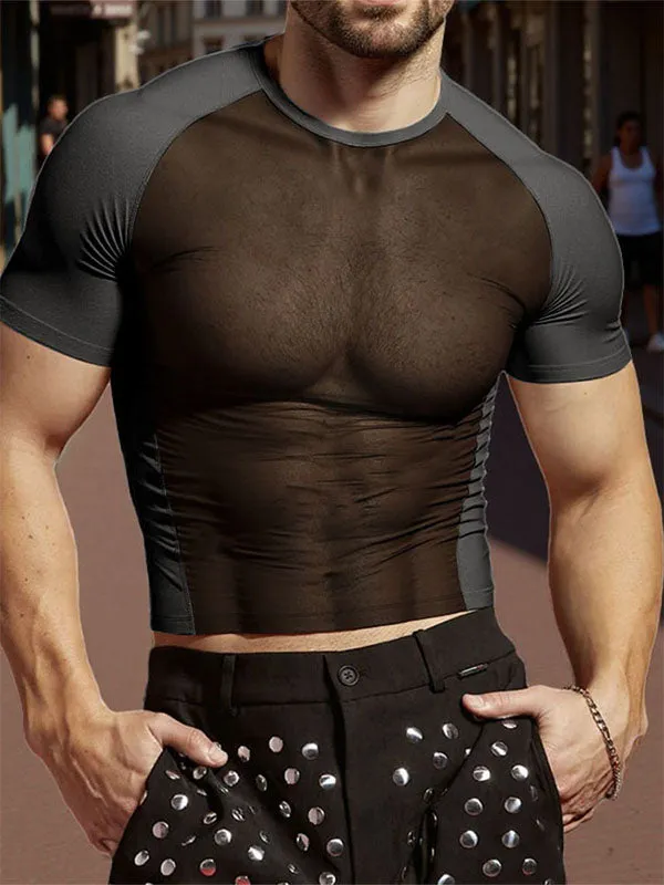Mens Sheer Mesh Patchwork Short Sleeve T-Shirt SKUL13682 sold by Incerunmen