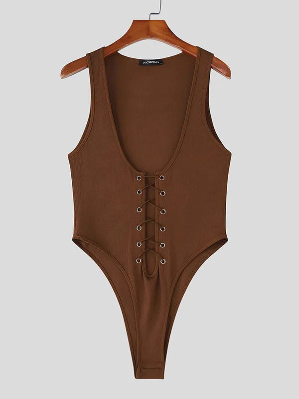 Mens Solid Color Tie-Waist Sleeveless Bodysuit SKUL12452 sold by Incerunmen product image thumbnail 4