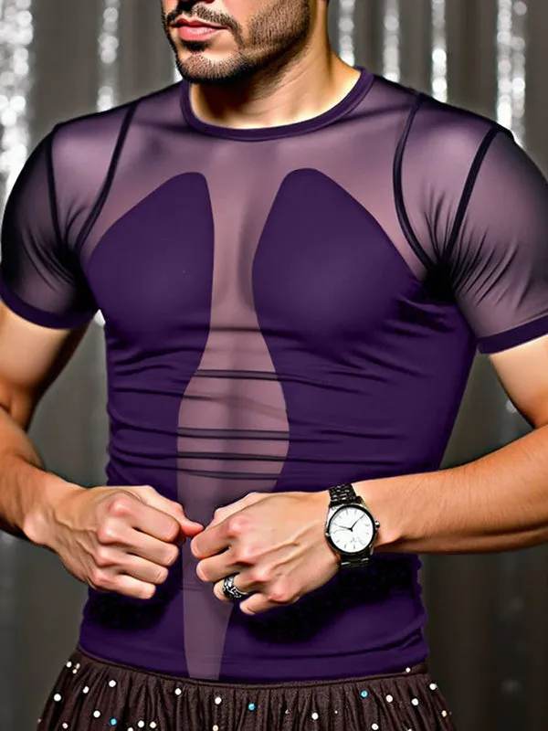 Mens Sheer Mesh Patchwork Short Sleeve T-Shirt SKUL10287 sold by Incerunmen product image thumbnail 2