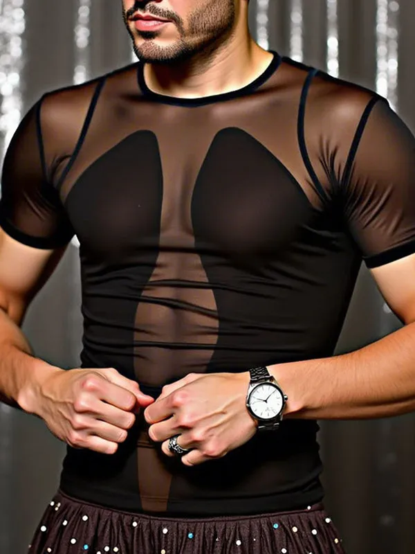 Mens Sheer Mesh Patchwork Short Sleeve T-Shirt SKUL10287 sold by Incerunmen