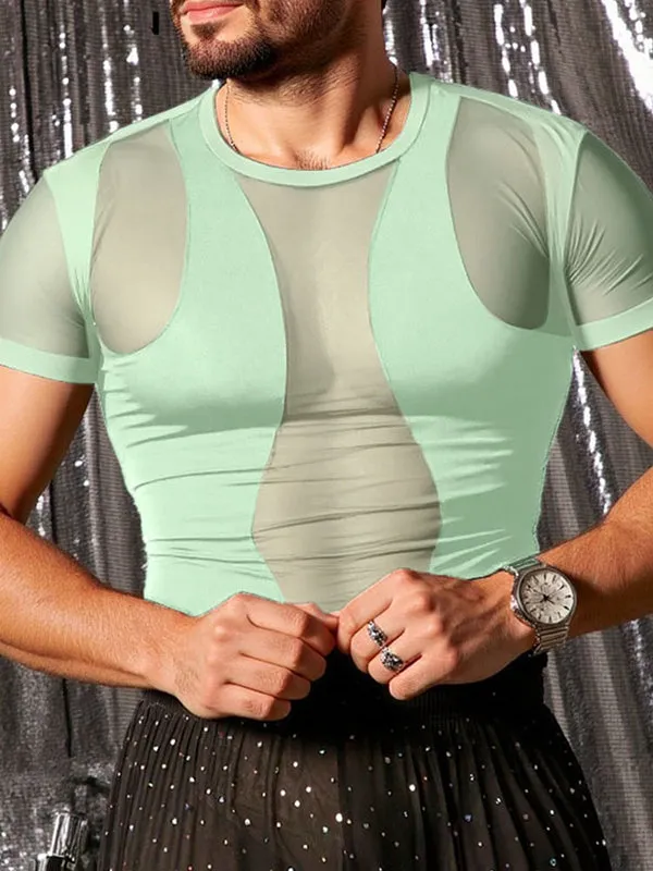 Mens Sheer Mesh Patchwork Short Sleeve T-Shirt SKUL10278 sold by Incerunmen product image thumbnail 2