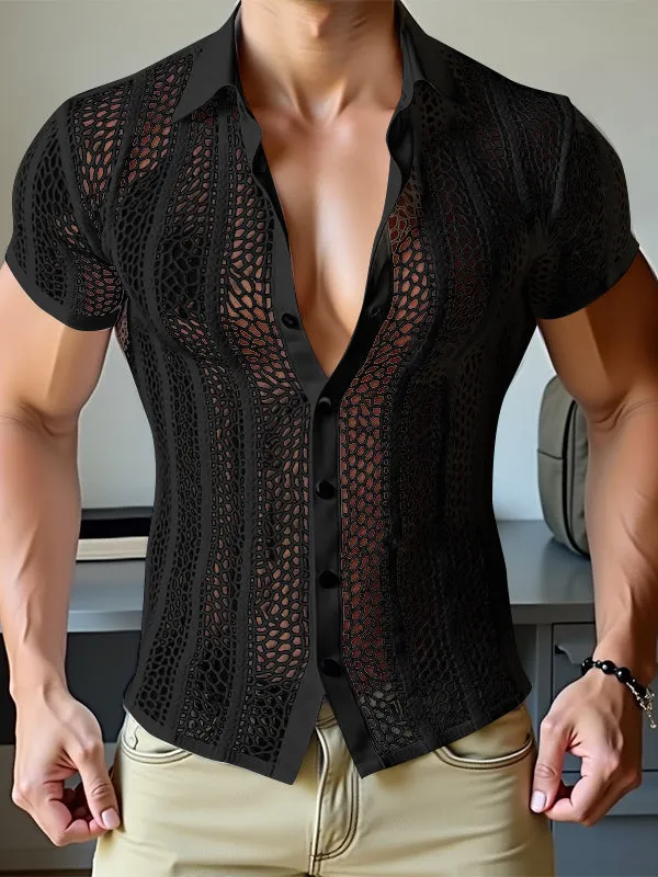 Mens Hollow-Out Sheer Mesh Short Sleeve Shirt SKUL04446 sold by Incerunmen