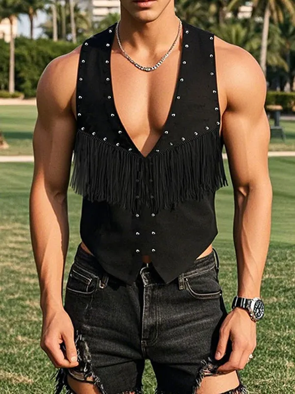 Mens Solid Color Fringe-Trimmed Sleeveless Tank SKUK97853 sold by Incerunmen