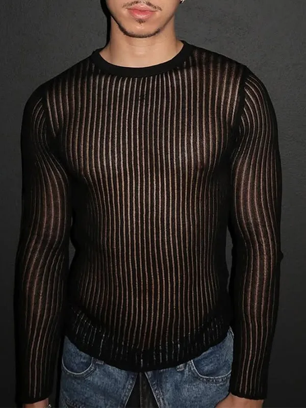 Mens Striped Sheer Long Sleeve T-Shirt SKUK99918 sold by Incerunmen