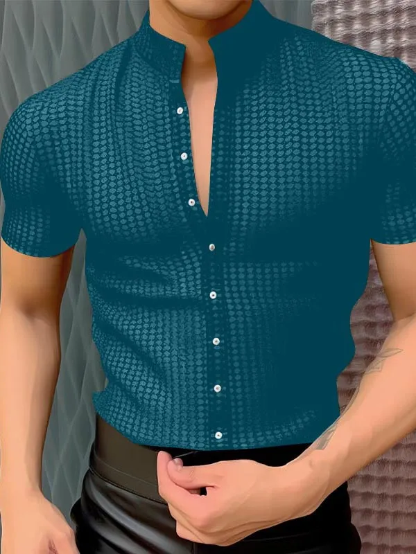 Mens Textured Stand Collar Short Sleeve Shirt SKUL02080 sold by Incerunmen product image thumbnail 2