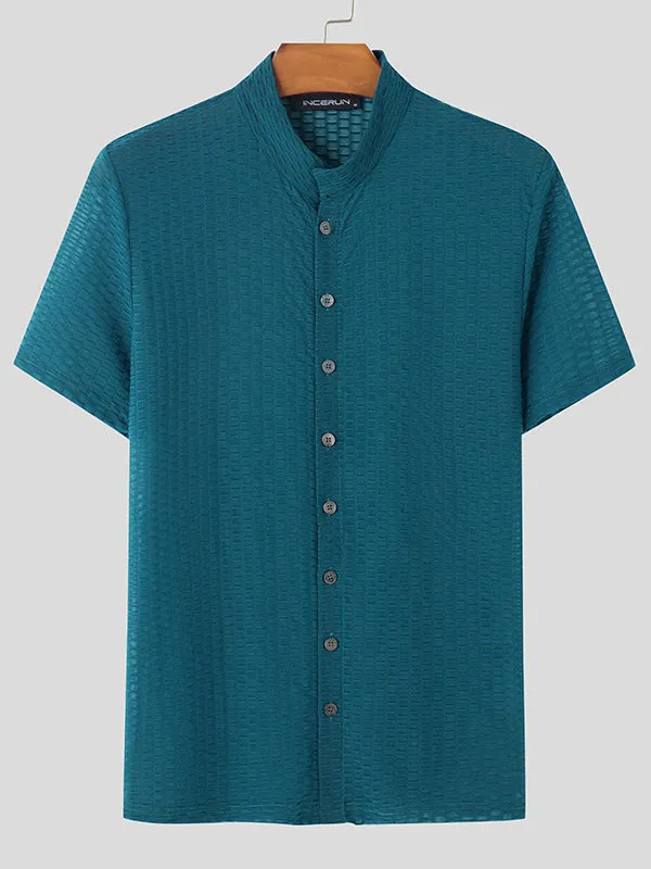Mens Textured Stand Collar Short Sleeve Shirt SKUL02080 sold by Incerunmen product image thumbnail 3