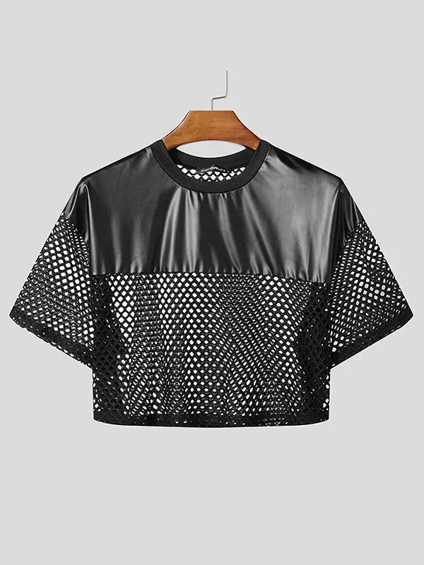 Mens Faux Leather Patchwork Cropped Short Sleeve T-Shirt SKUL01366 sold by Incerunmen product image thumbnail 2