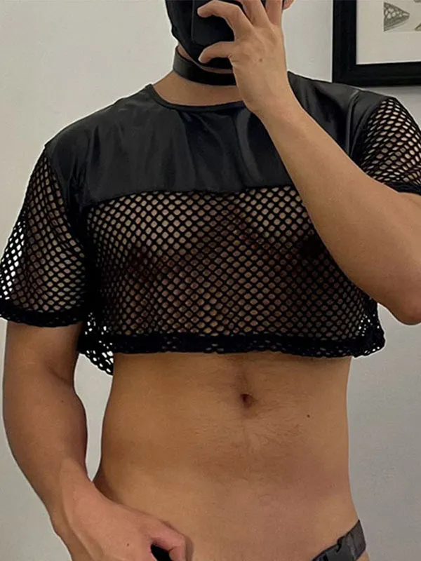 Mens Faux Leather Patchwork Cropped Short Sleeve T-Shirt SKUL01366 sold by Incerunmen