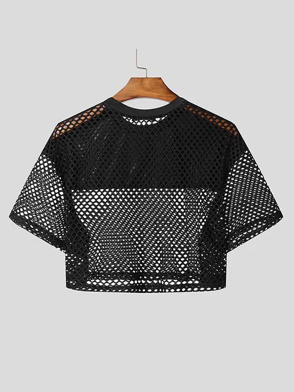 Mens Faux Leather Patchwork Cropped Short Sleeve T-Shirt SKUL01366 sold by Incerunmen product image thumbnail 3