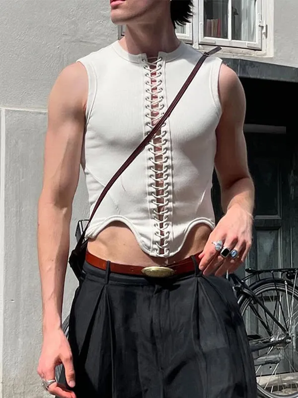 Mens Lace-Up Crossed Cropped Tank SKUK99941 sold by Incerunmen