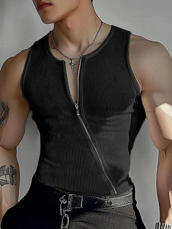 Mens Solid Color Asymmetrical Zip-Up Tank SKUL01332 sold by Incerunmen