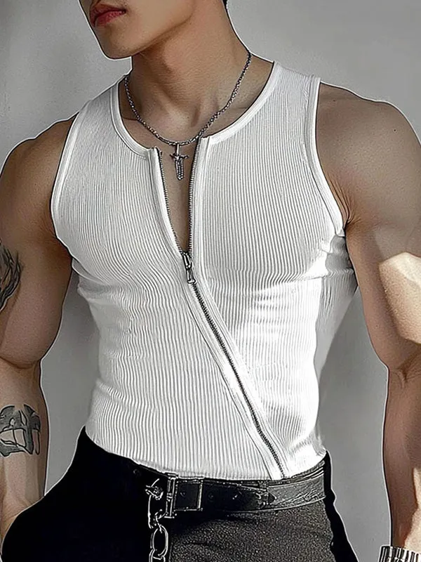 Mens Solid Color Asymmetrical Zip-Up Tank SKUL01332 sold by Incerunmen product image thumbnail 2