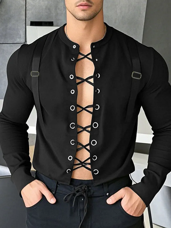 Mens Tie-Up Interwoven Hollow-Out Long Sleeve T-Shirt SKUK95749 sold by Incerunmen