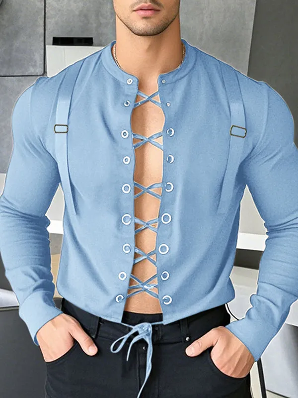Mens Tie-Up Interwoven Hollow-Out Long Sleeve T-Shirt SKUK95749 sold by Incerunmen product image thumbnail 2
