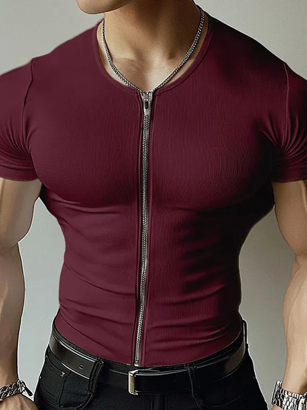 Mens Textured Zip-Up Short Sleeve T-Shirt SKUL01341 sold by Incerunmen product image thumbnail 3
