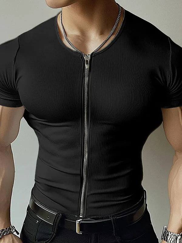 Mens Textured Zip-Up Short Sleeve T-Shirt SKUL01341 sold by Incerunmen