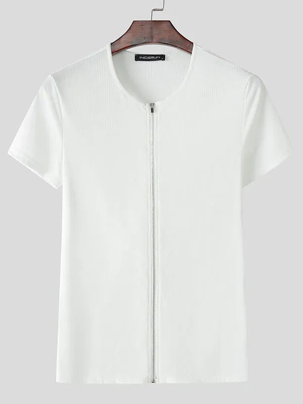 Mens Textured Zip-Up Short Sleeve T-Shirt SKUL01341 sold by Incerunmen product image thumbnail 4