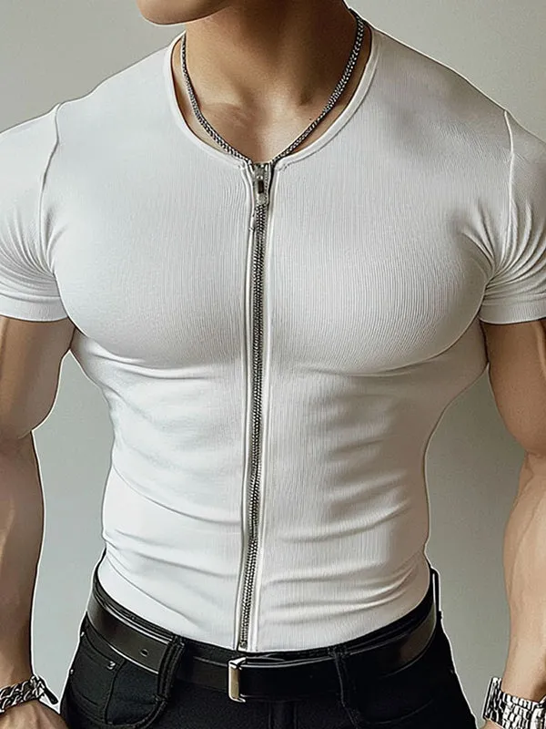 Mens Textured Zip-Up Short Sleeve T-Shirt SKUL01341 sold by Incerunmen product image thumbnail 2