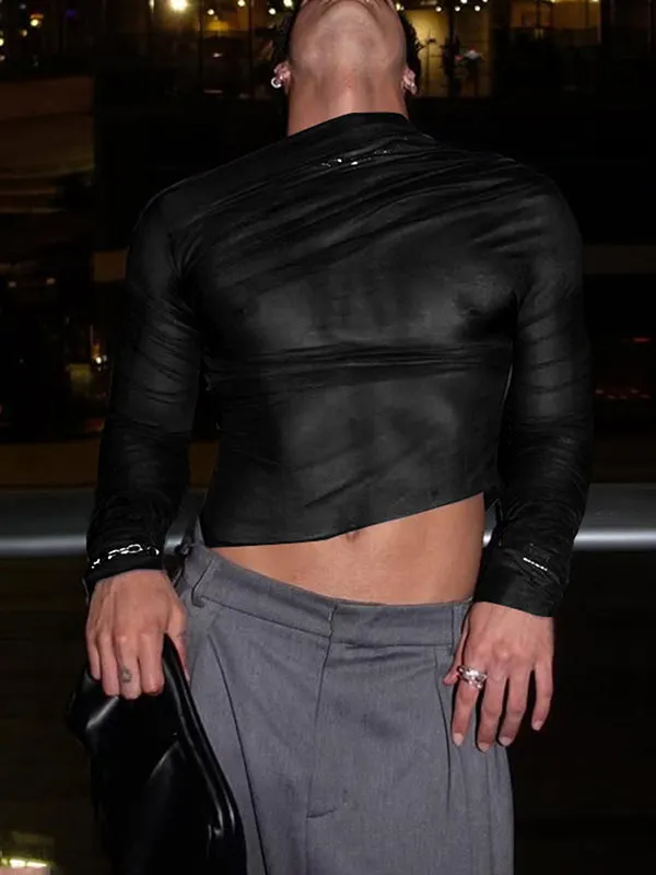 Mens Sheer Ruched Cropped Long Sleeve T-Shirt SKUK97836 sold by Incerunmen