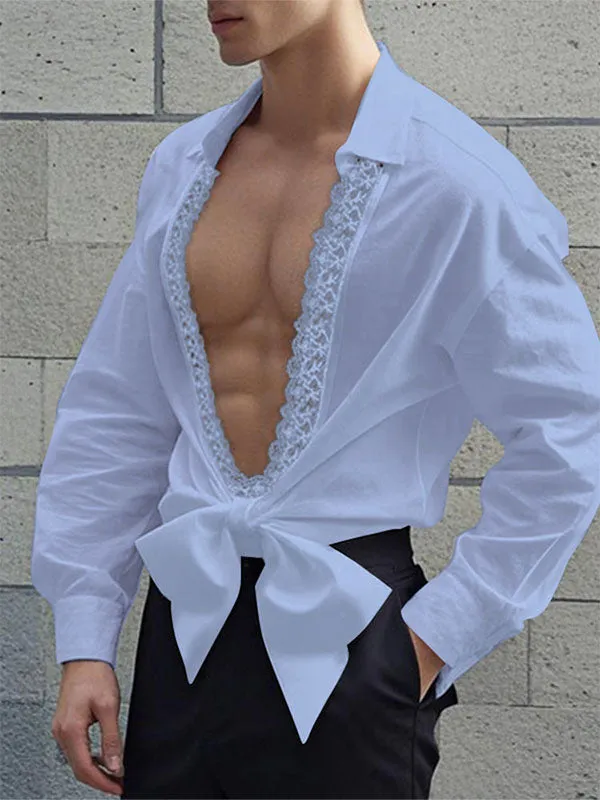 Mens Lace Patchwork Hollow-Out Long-Sleeve Shirt SKUK97045 sold by Incerunmen product image thumbnail 3