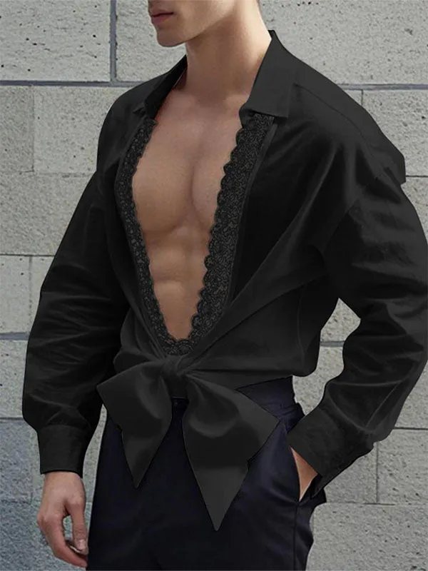 Mens Lace Patchwork Hollow-Out Long-Sleeve Shirt SKUK97045 sold by Incerunmen