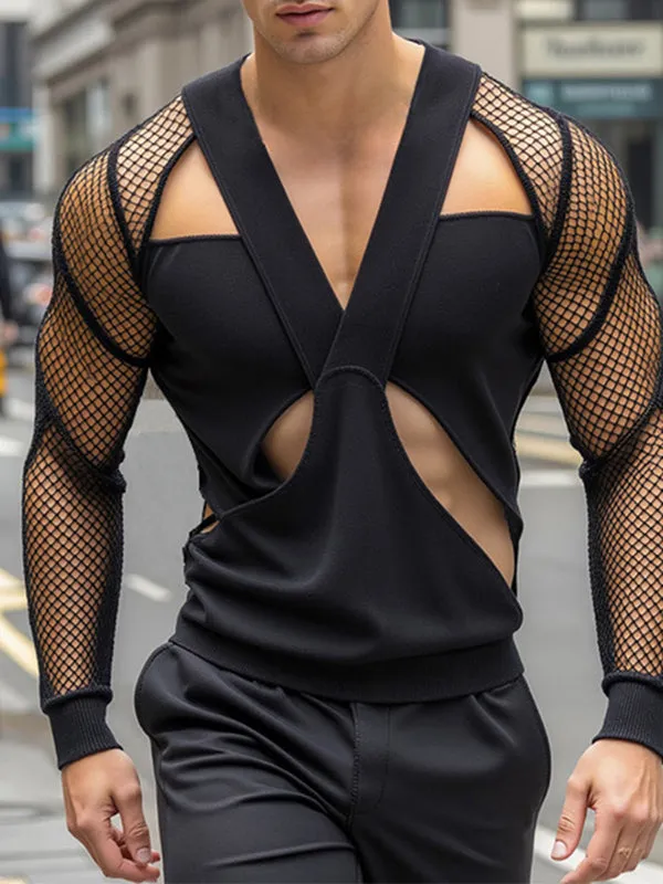Mens Sheer Mesh Panel Long-Sleeve T-Shirt SKUK97037 sold by Incerunmen