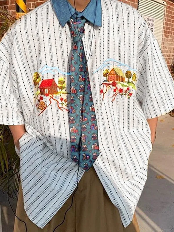 Mens Cartoon Print Striped Short Sleeve Shirt SKUK96994 sold by Incerunmen