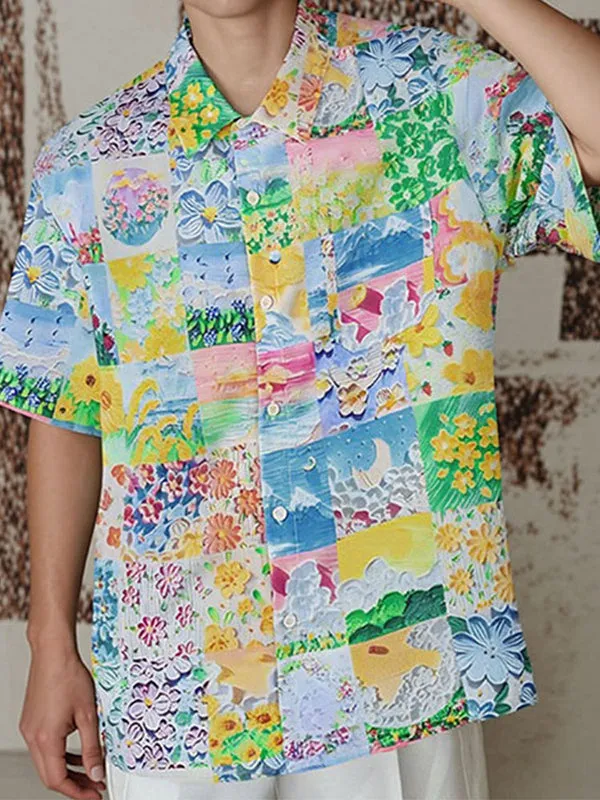 Mens Floral Print Color-Block Short Sleeve Shirt SKUK97040 sold by Incerunmen