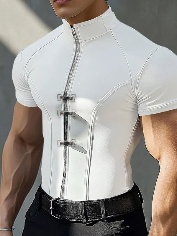 Mens Solid Color Zipper Short Sleeve T-Shirt SKUK97602 sold by Incerunmen product image thumbnail 2