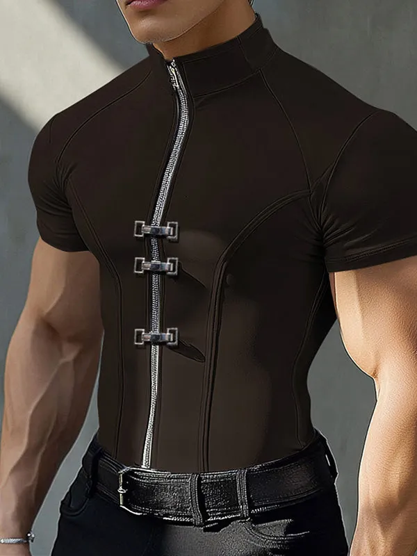 Mens Solid Color Zipper Short Sleeve T-Shirt SKUK97602 sold by Incerunmen product image thumbnail 3