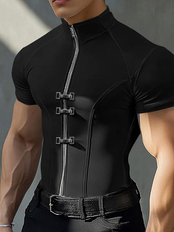 Mens Solid Color Zipper Short Sleeve T-Shirt SKUK97602 sold by Incerunmen