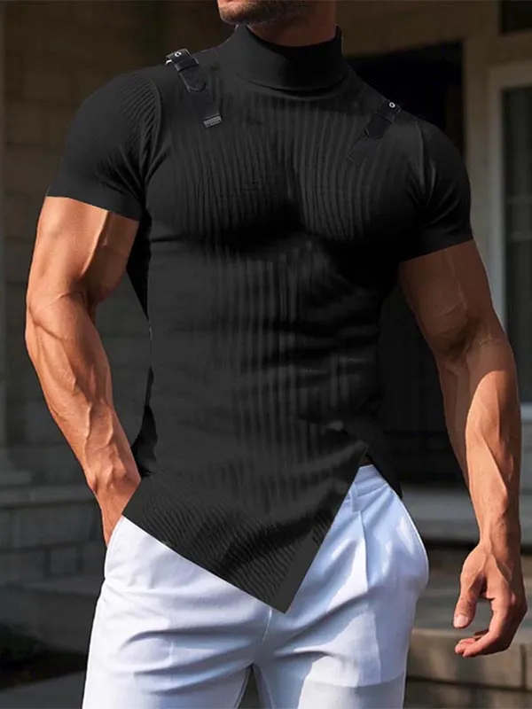 Mens Leather Buckle Texture Short Sleeve T-Shirt SKUK97611 sold by Incerunmen