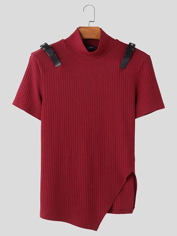 Mens Leather Buckle Texture Short Sleeve T-Shirt SKUK97611 sold by Incerunmen product image thumbnail 4