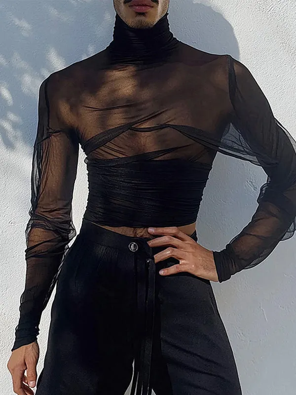 Mens Sheer Pleated Long Sleeve T-Shirt SKUK88561 sold by Incerunmen