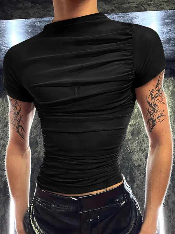 Mens Pleated Mesh Sheer Short Sleeve T-Shirt SKUK92611 sold by Incerunmen