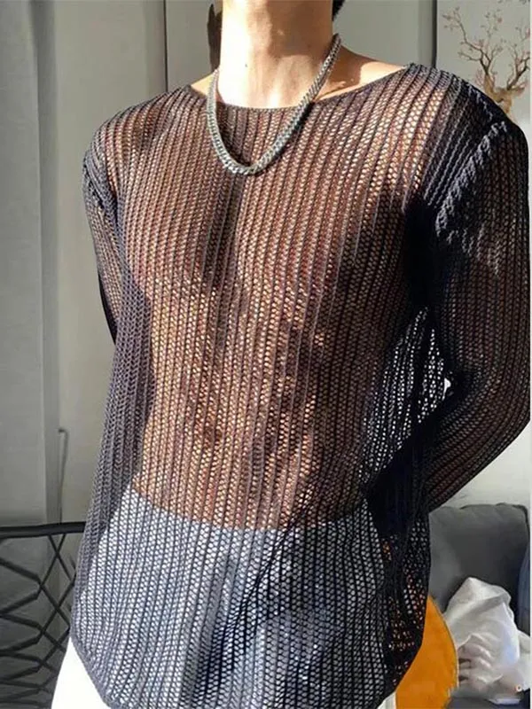 Mens Hollow-Out Sheer Long-Sleeve T-Shirt SKUK94767 sold by Incerunmen