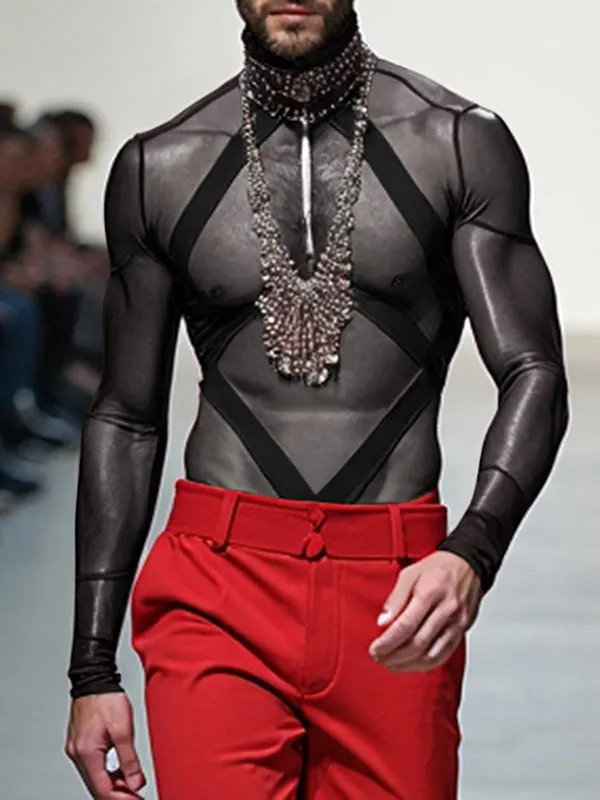 Mens Sheer Patchwork Strap Long-Sleeve Bodysuit SKUK85599 sold by Incerunmen