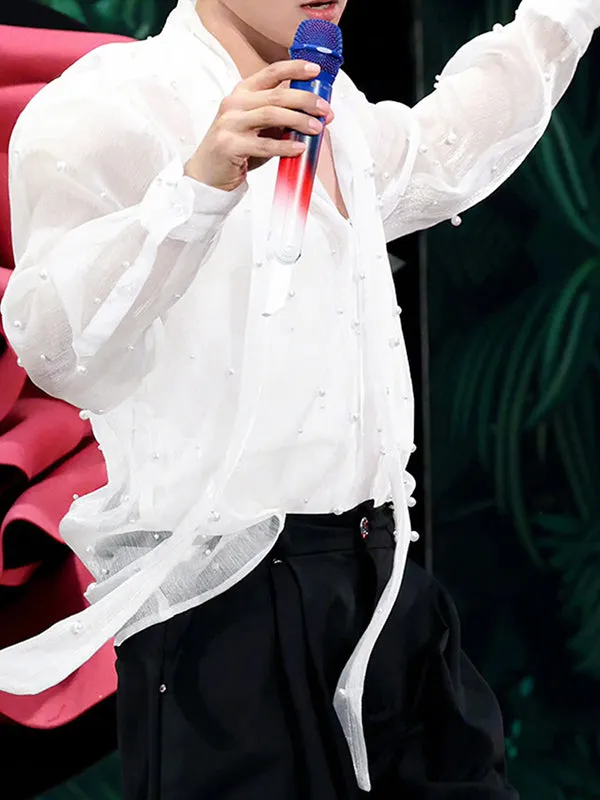 Mens Pearl Embellished Sheer Long-Sleeve Shirt SKUK91779 sold by Incerunmen product image thumbnail 4