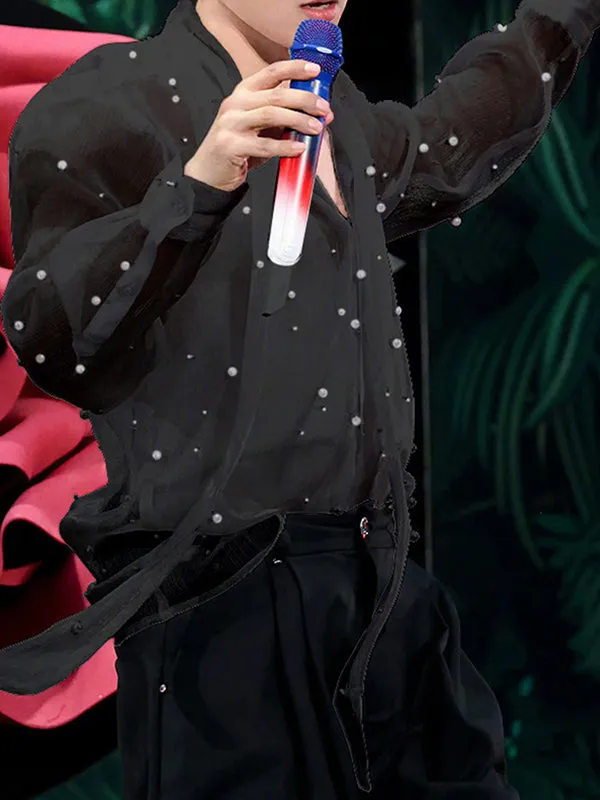 Mens Pearl Embellished Sheer Long-Sleeve Shirt SKUK91779 sold by Incerunmen product image thumbnail 2