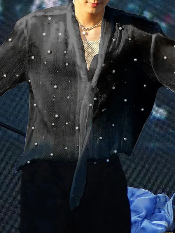Mens Pearl Embellished Sheer Long-Sleeve Shirt SKUK91779 sold by Incerunmen