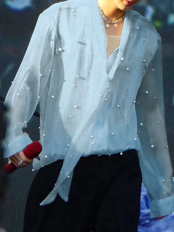 Mens Pearl Embellished Sheer Long-Sleeve Shirt SKUK91779 sold by Incerunmen product image thumbnail 5