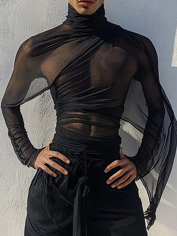Mens Sheer Ruched Long-Sleeve T-Shirt SKUK89131 sold by Incerunmen