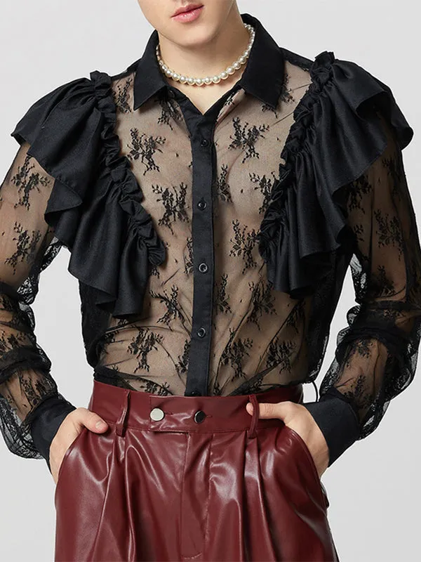 Mens Lace Sheer Long-Sleeve Shirt SKUK88249 sold by Incerunmen product image thumbnail 2