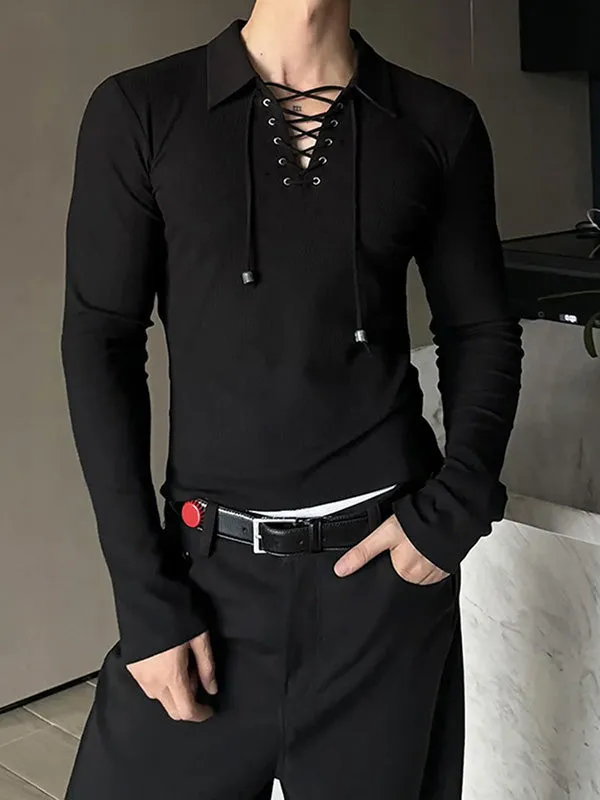 Mens Lace-Up Cross V-Neck Long-Sleeve T-Shirt SKUK88183 sold by Incerunmen