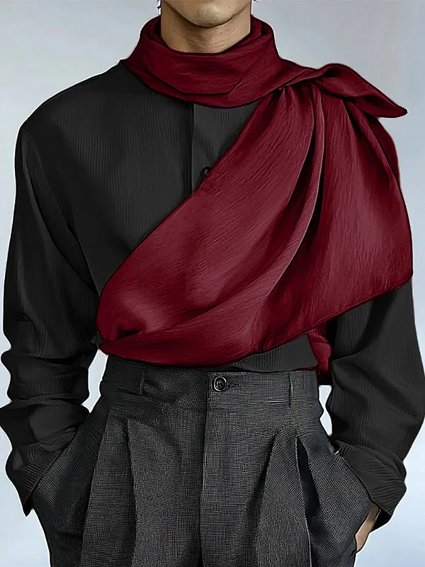 Mens Tie-Detail Color-Block Patchwork Long-Sleeve Shirt SKUK87995 sold by Incerunmen